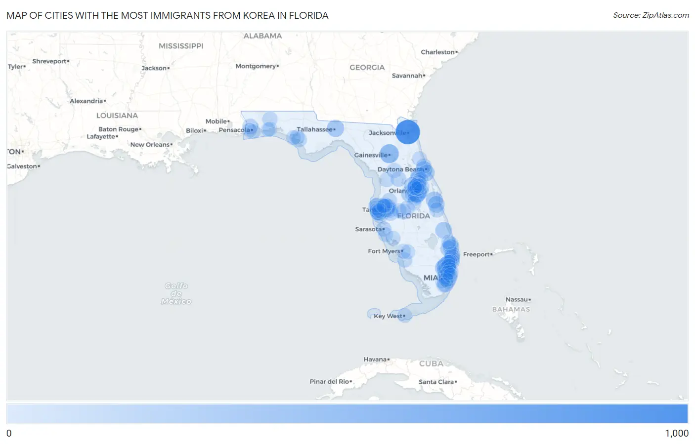 Cities with the Most Immigrants from Korea in Florida Map