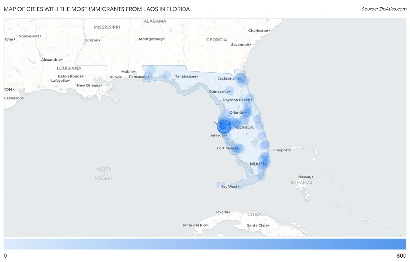 Cities with the Most Immigrants from Laos in Florida Map