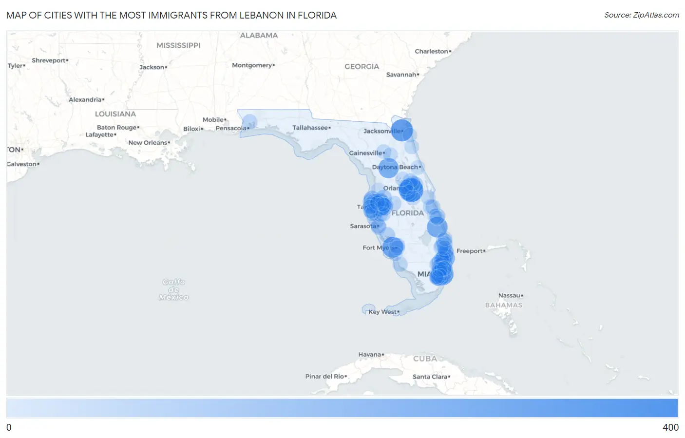 Cities with the Most Immigrants from Lebanon in Florida Map