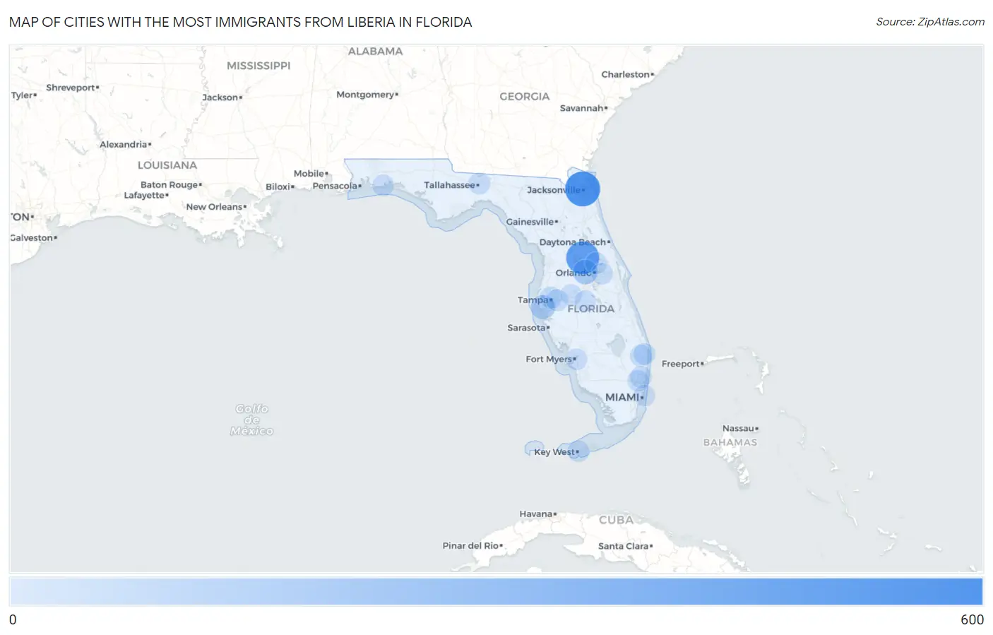 Cities with the Most Immigrants from Liberia in Florida Map