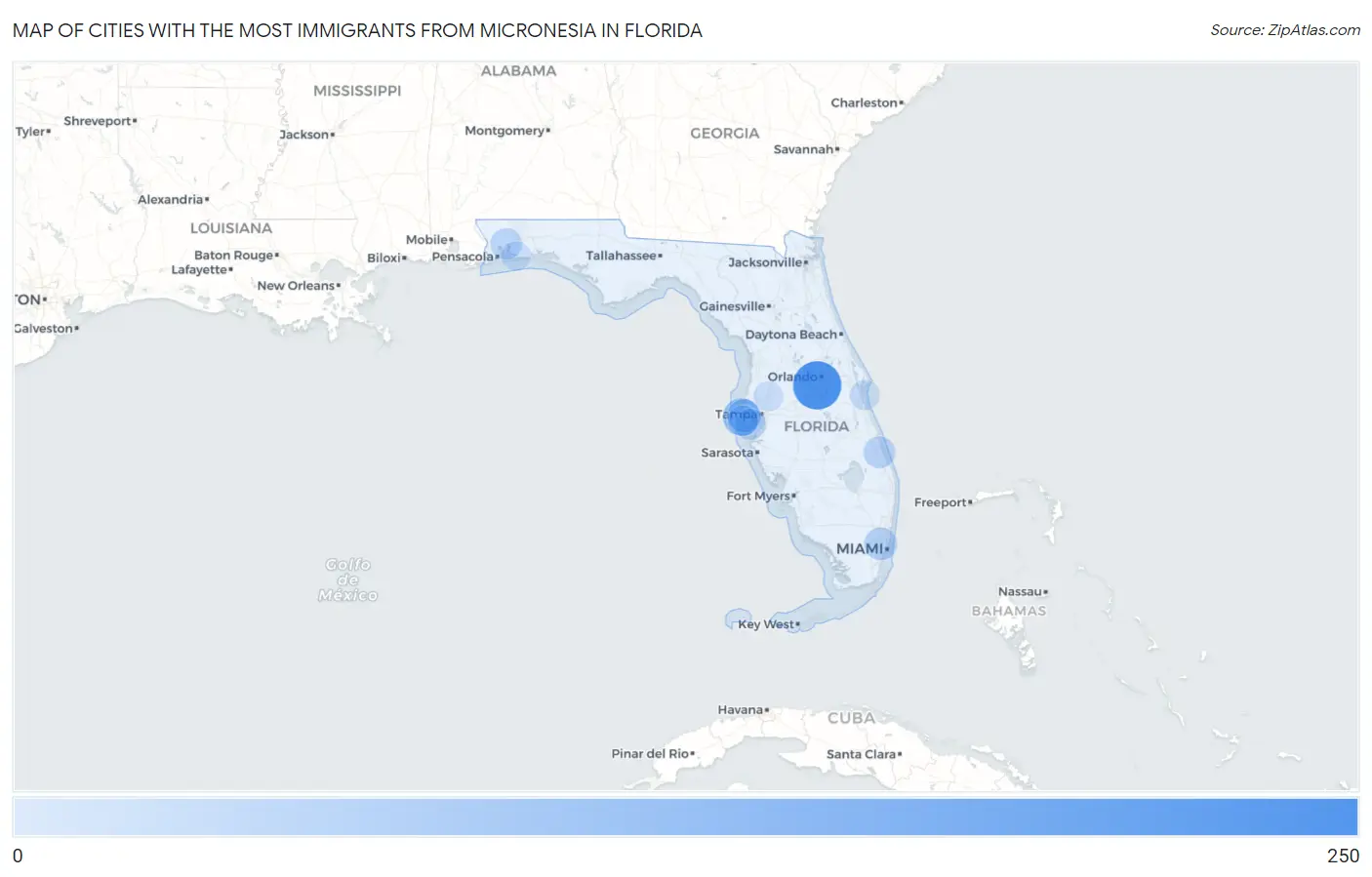 Cities with the Most Immigrants from Micronesia in Florida Map