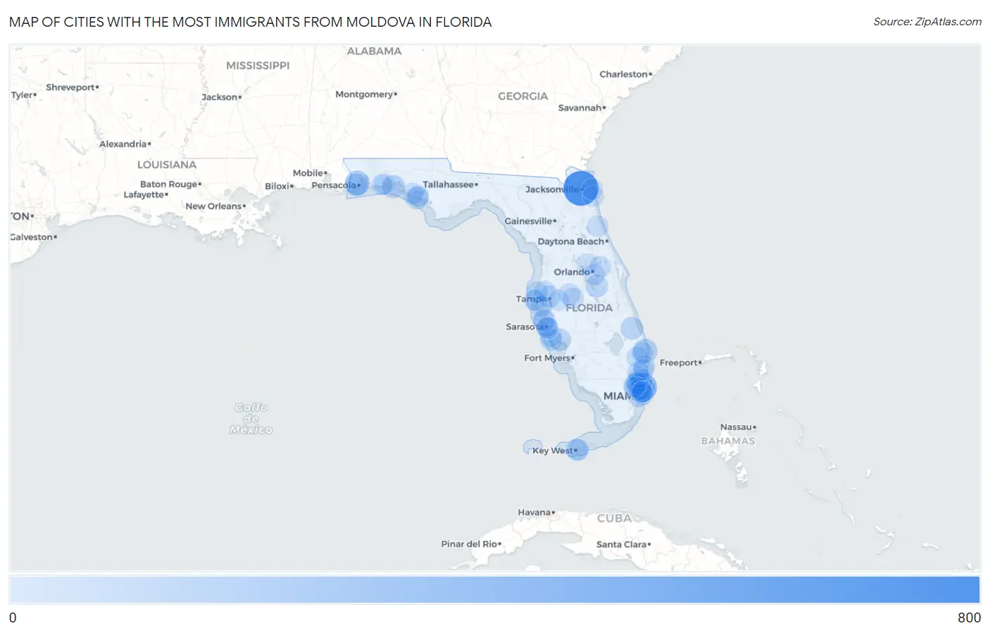 Cities with the Most Immigrants from Moldova in Florida Map