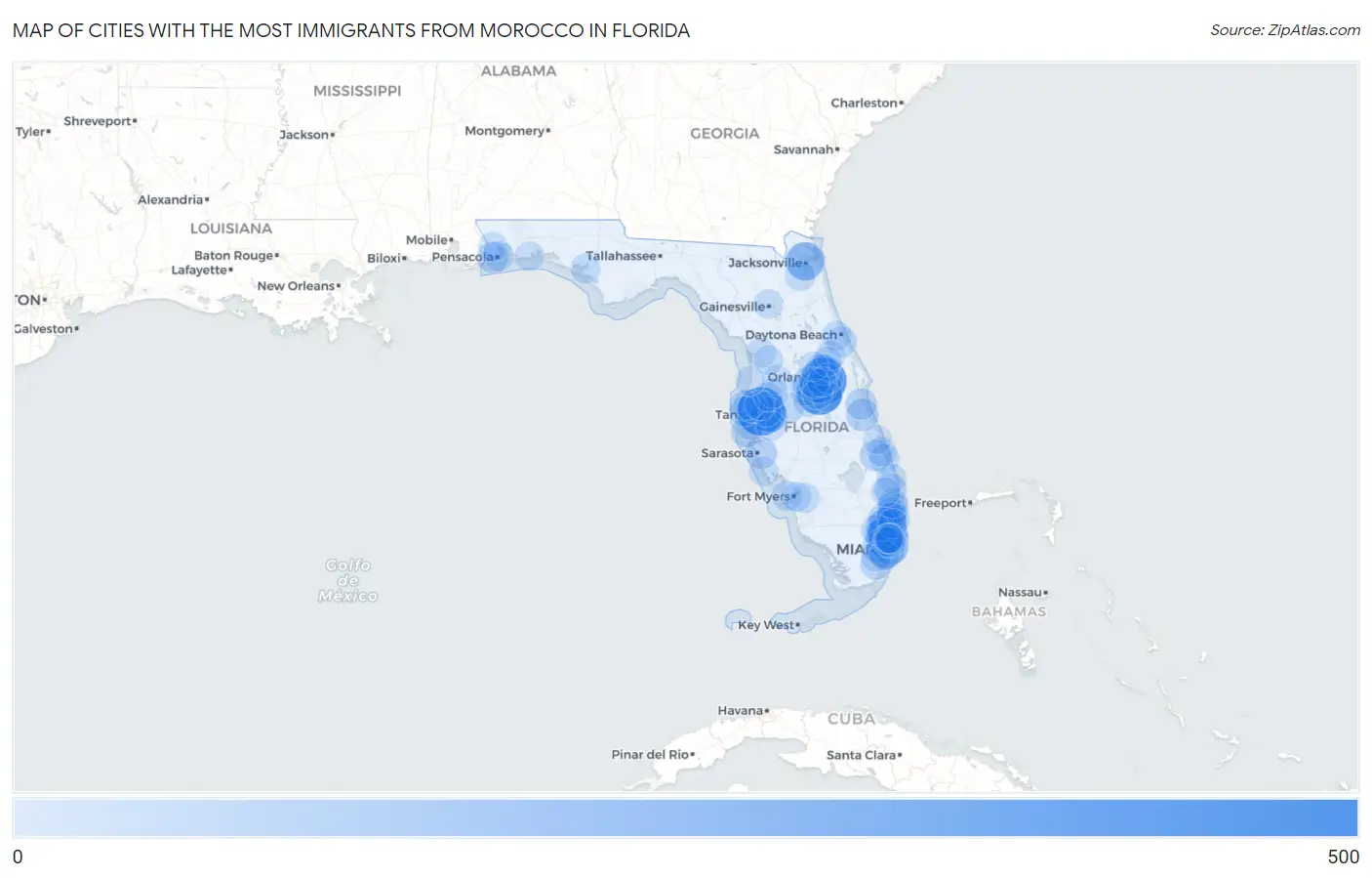 Cities with the Most Immigrants from Morocco in Florida Map