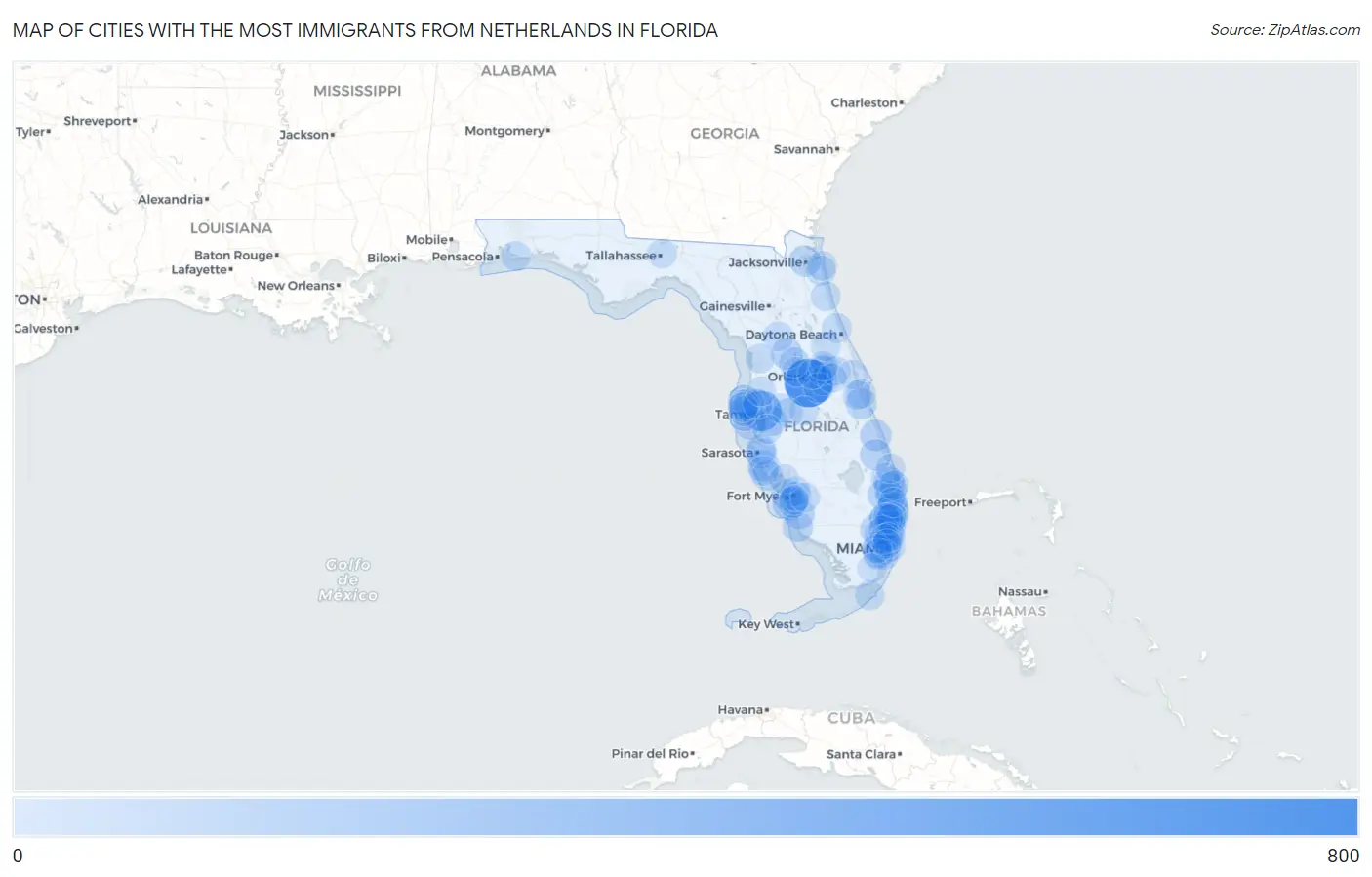 Cities with the Most Immigrants from Netherlands in Florida Map