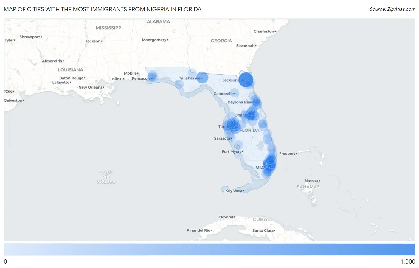Cities with the Most Immigrants from Nigeria in Florida Map