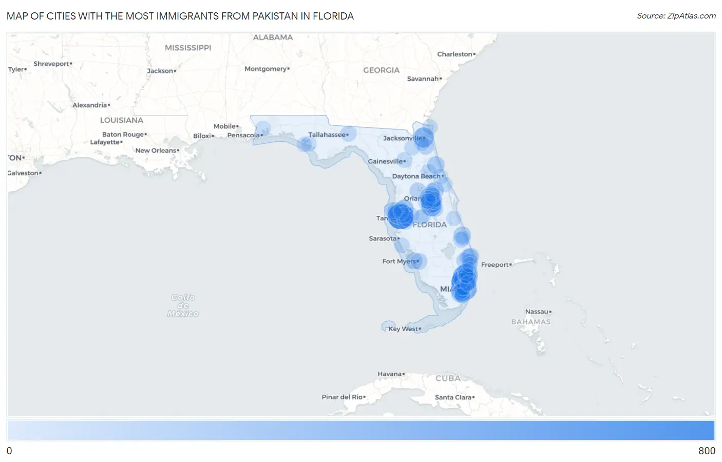 Cities with the Most Immigrants from Pakistan in Florida Map