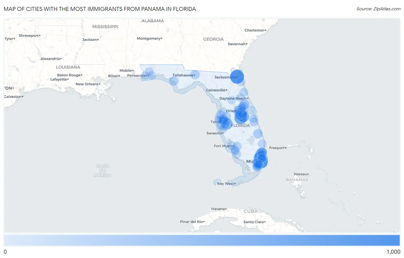 Cities with the Most Immigrants from Panama in Florida Map