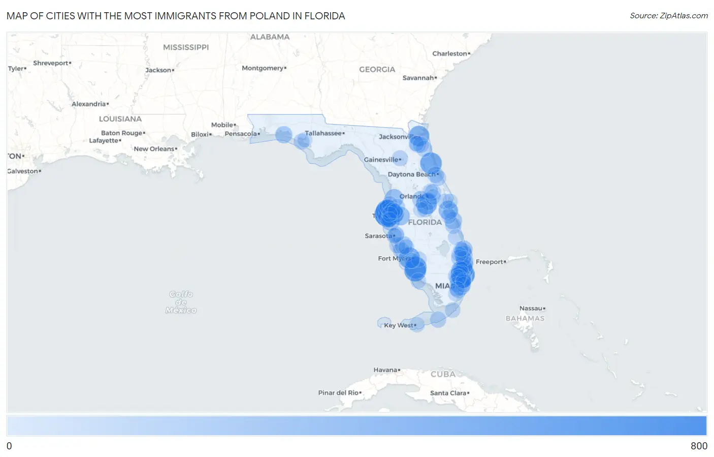 Cities with the Most Immigrants from Poland in Florida Map