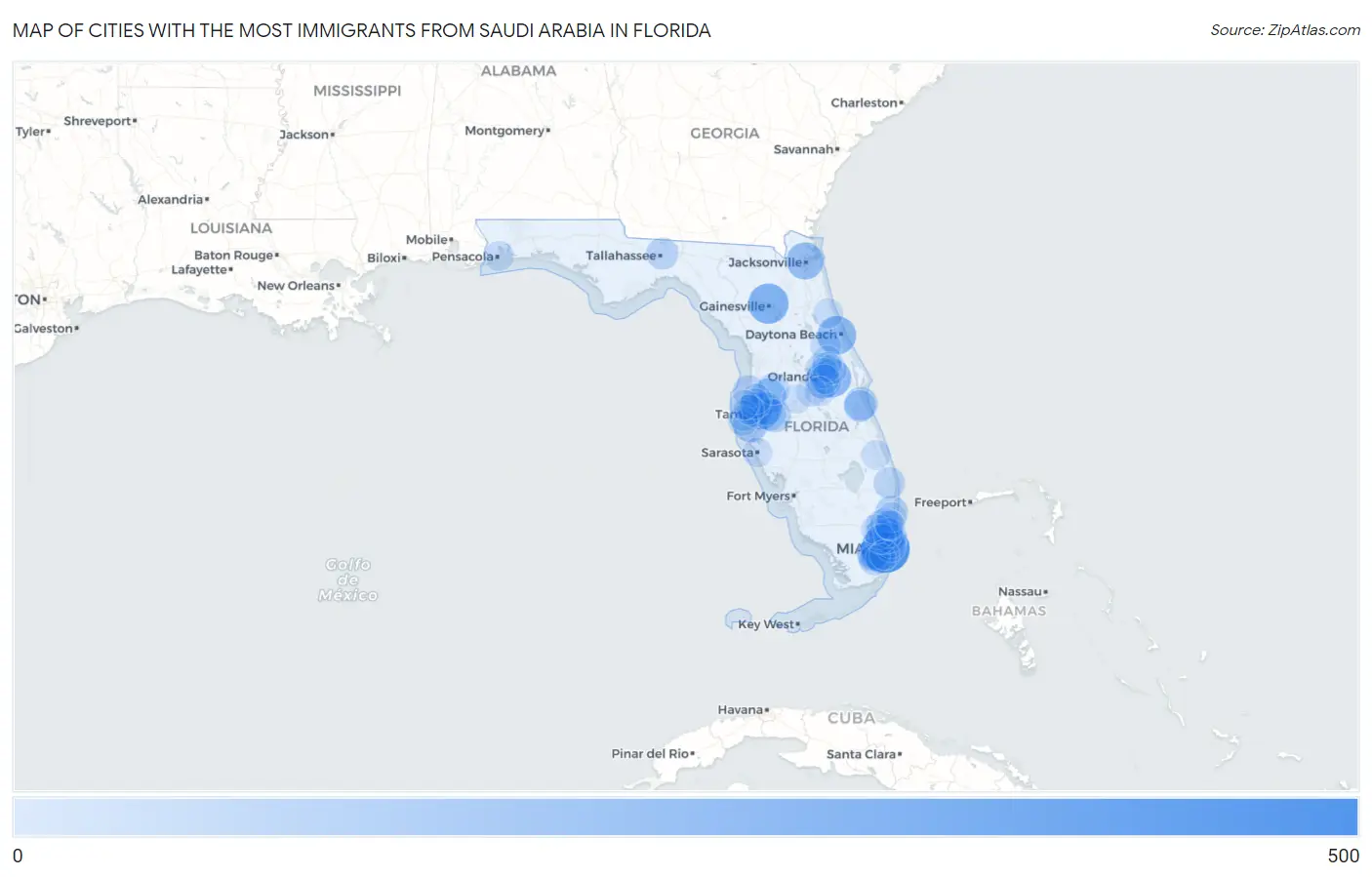 Cities with the Most Immigrants from Saudi Arabia in Florida Map