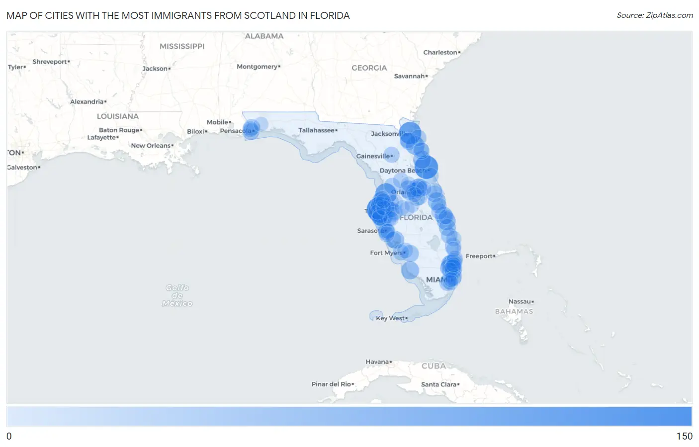 Cities with the Most Immigrants from Scotland in Florida Map