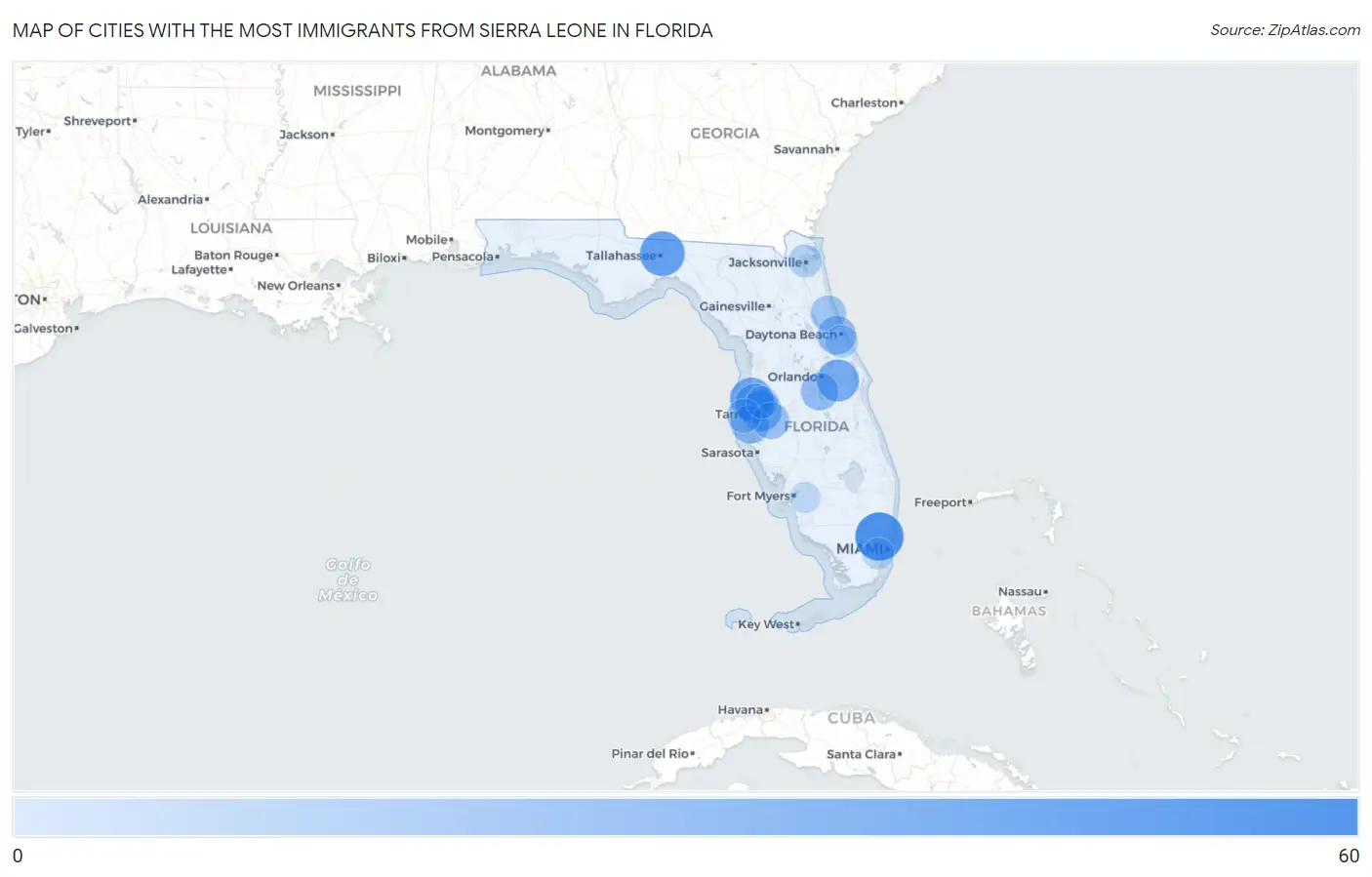 Cities with the Most Immigrants from Sierra Leone in Florida Map