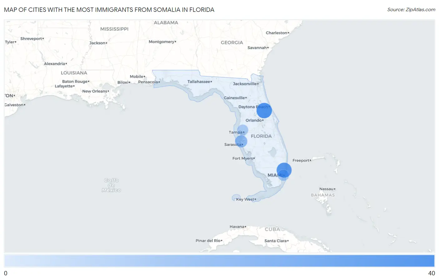 Cities with the Most Immigrants from Somalia in Florida Map
