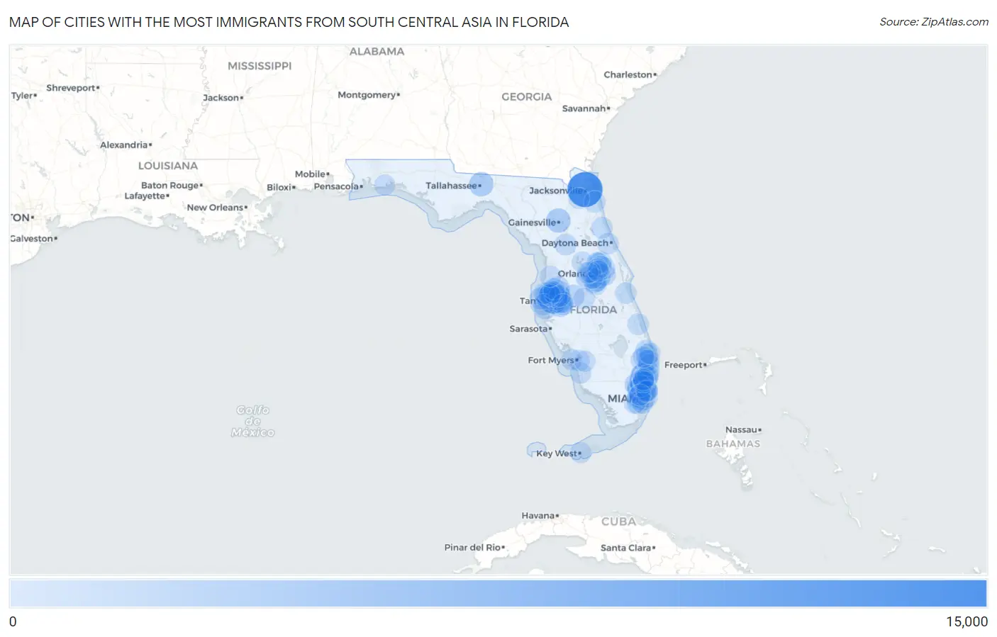 Cities with the Most Immigrants from South Central Asia in Florida Map