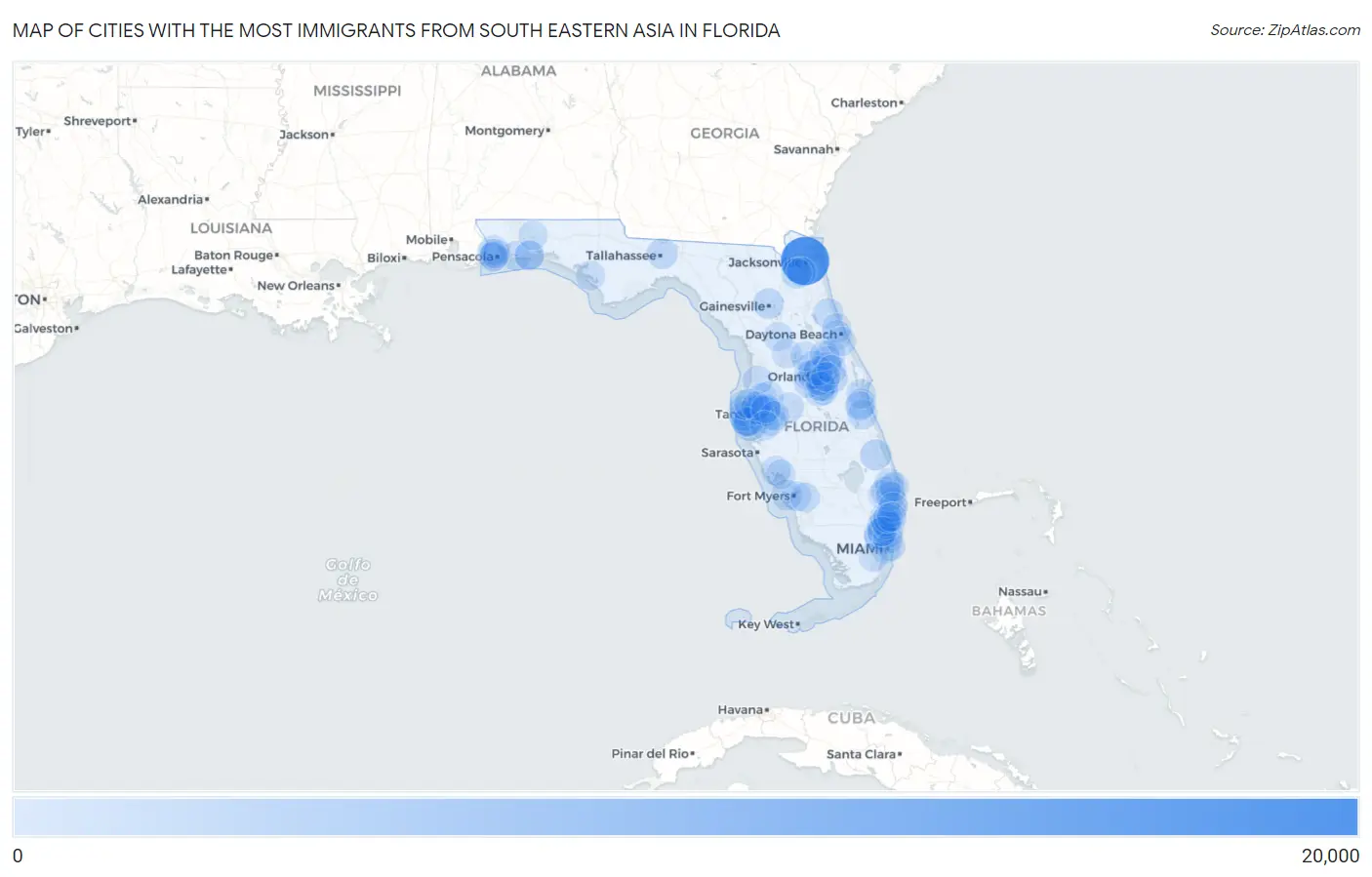 Cities with the Most Immigrants from South Eastern Asia in Florida Map