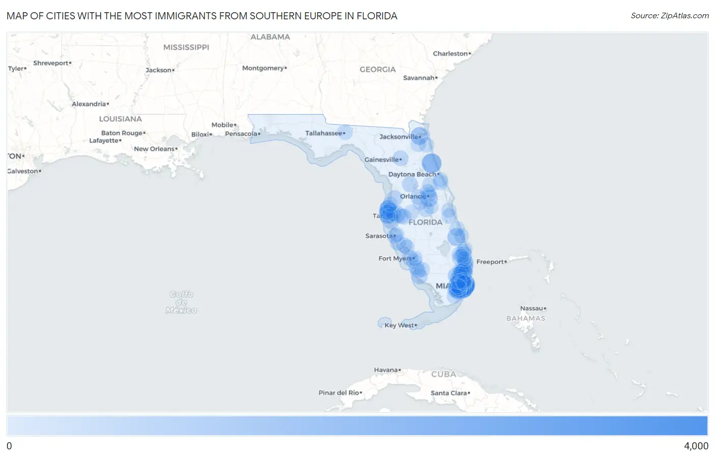 Cities with the Most Immigrants from Southern Europe in Florida Map