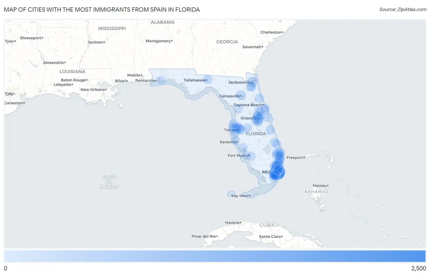 Cities with the Most Immigrants from Spain in Florida Map