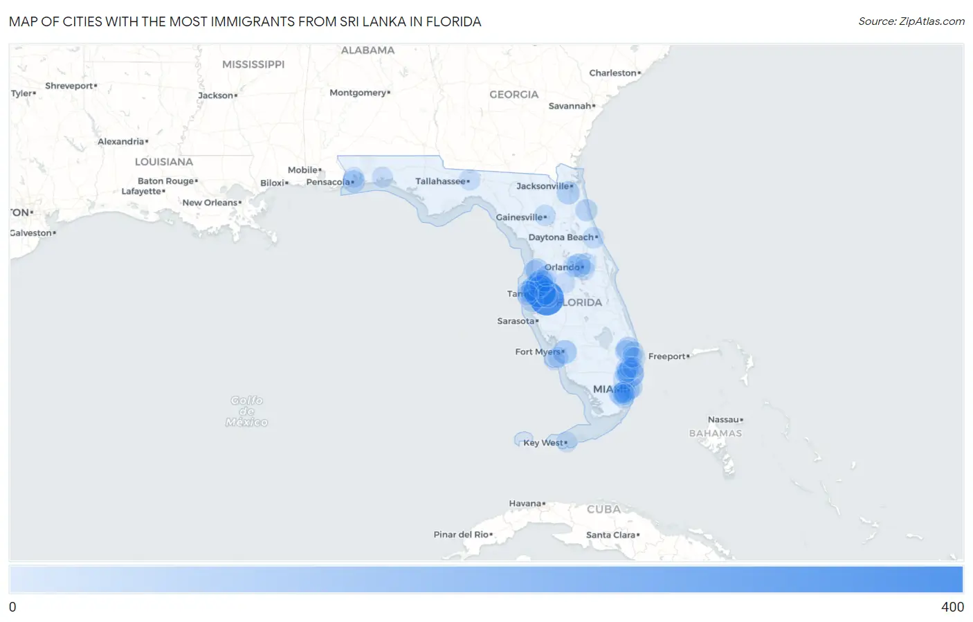 Cities with the Most Immigrants from Sri Lanka in Florida Map