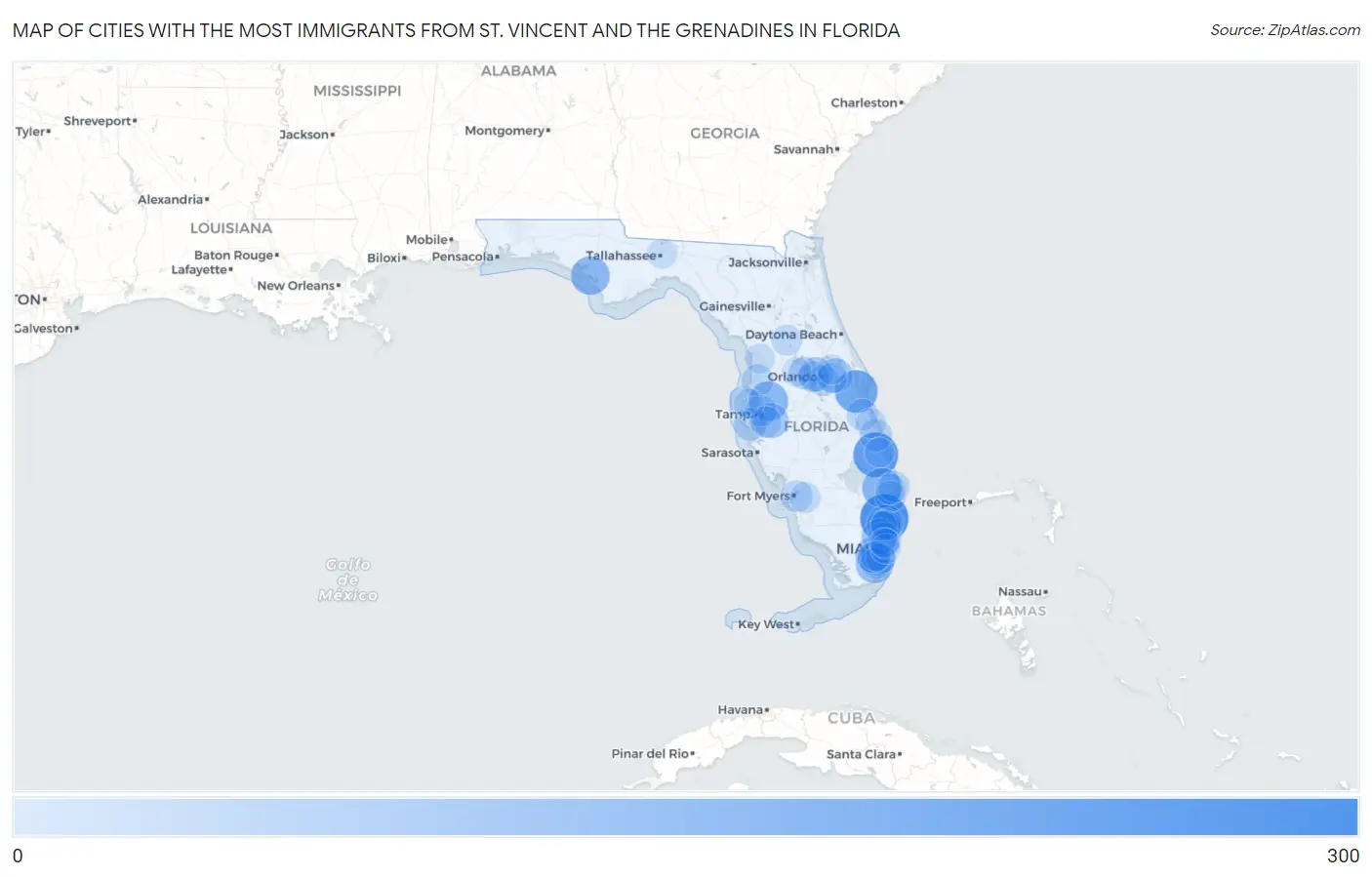 Cities with the Most Immigrants from St. Vincent and the Grenadines in Florida Map