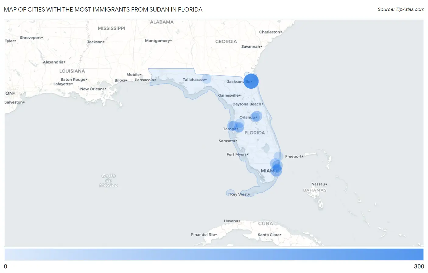 Cities with the Most Immigrants from Sudan in Florida Map