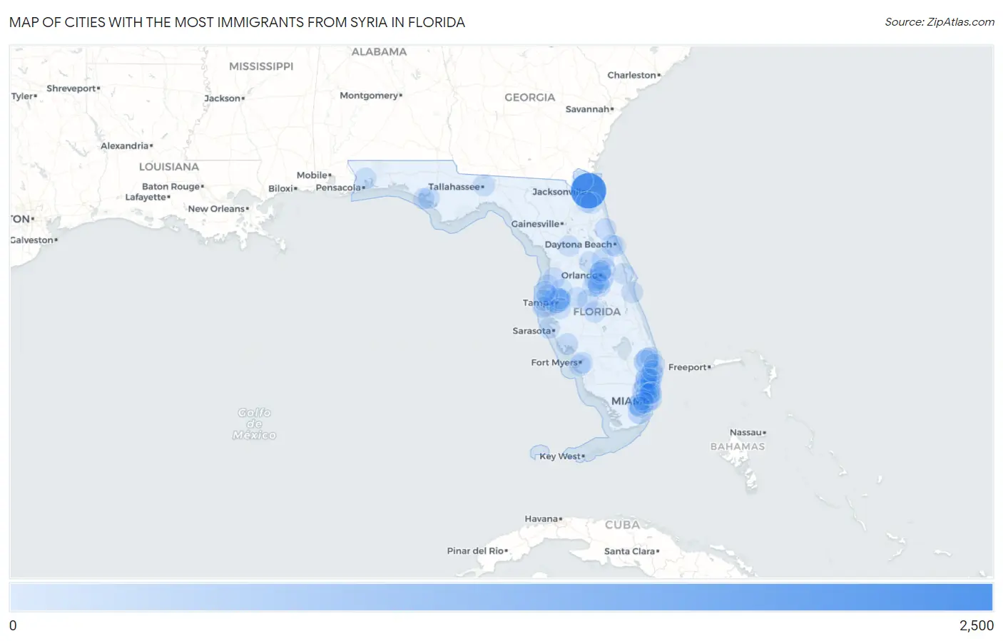 Cities with the Most Immigrants from Syria in Florida Map