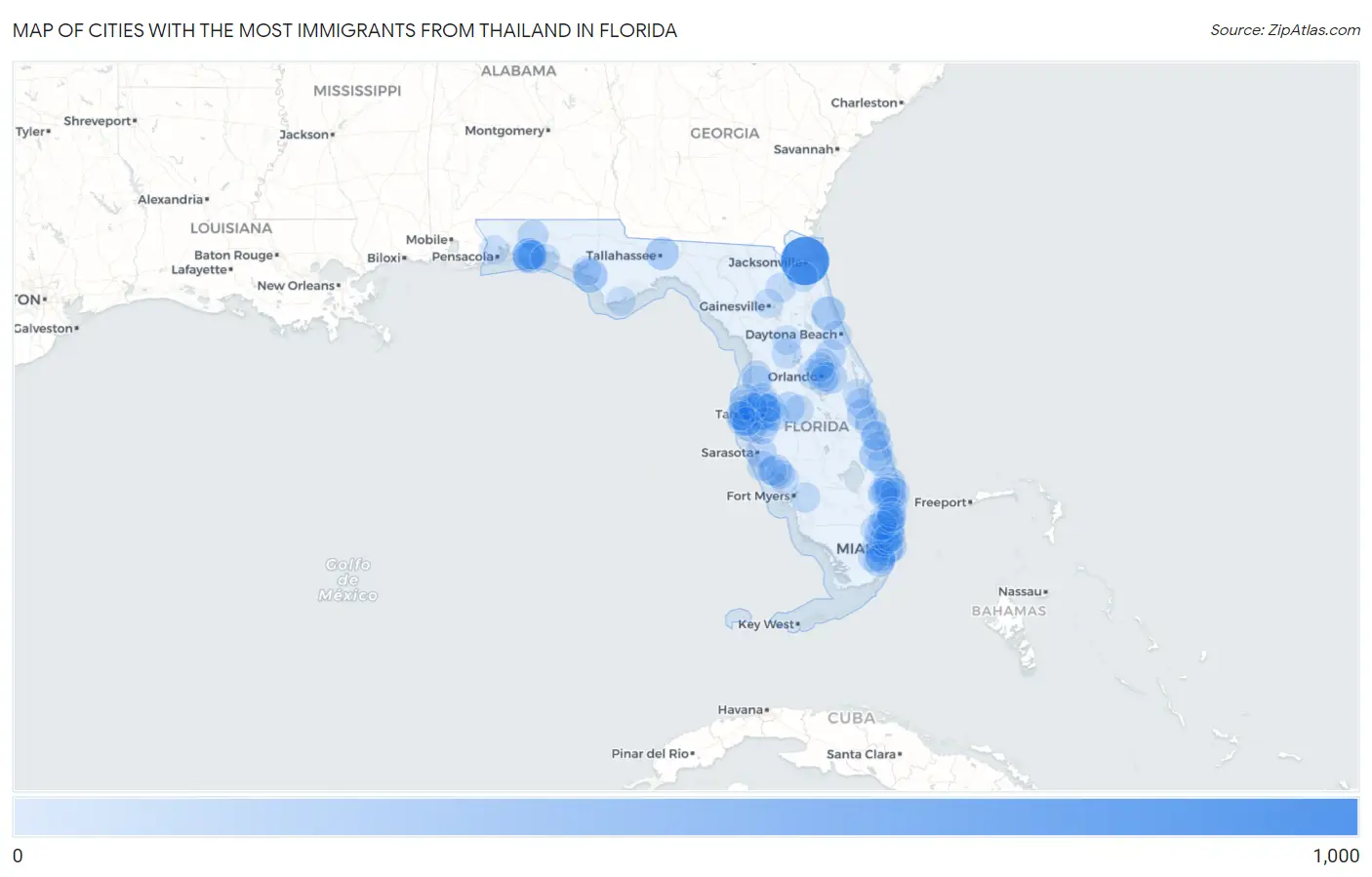 Cities with the Most Immigrants from Thailand in Florida Map