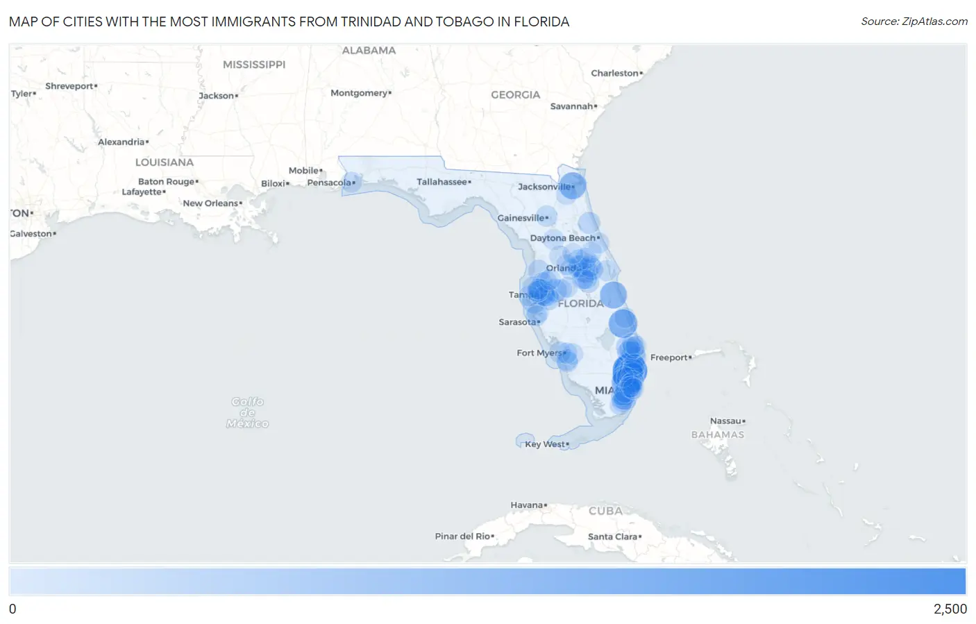 Cities with the Most Immigrants from Trinidad and Tobago in Florida Map