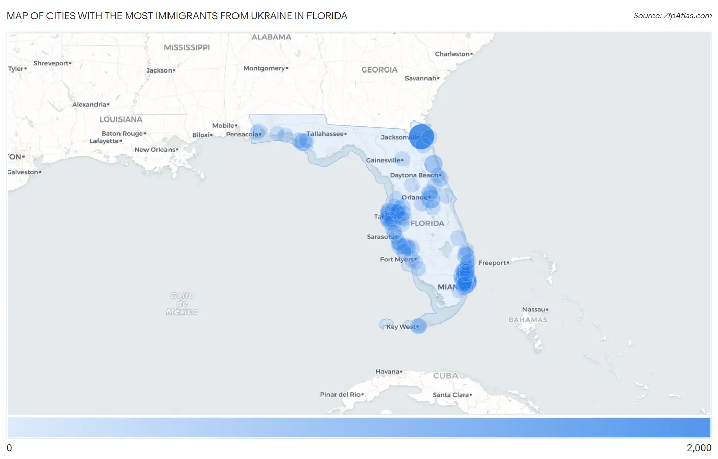 Cities with the Most Immigrants from Ukraine in Florida Map