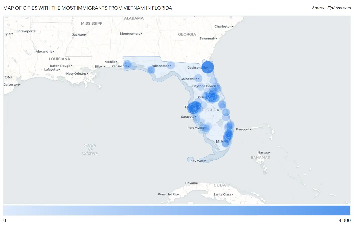 Cities with the Most Immigrants from Vietnam in Florida Map