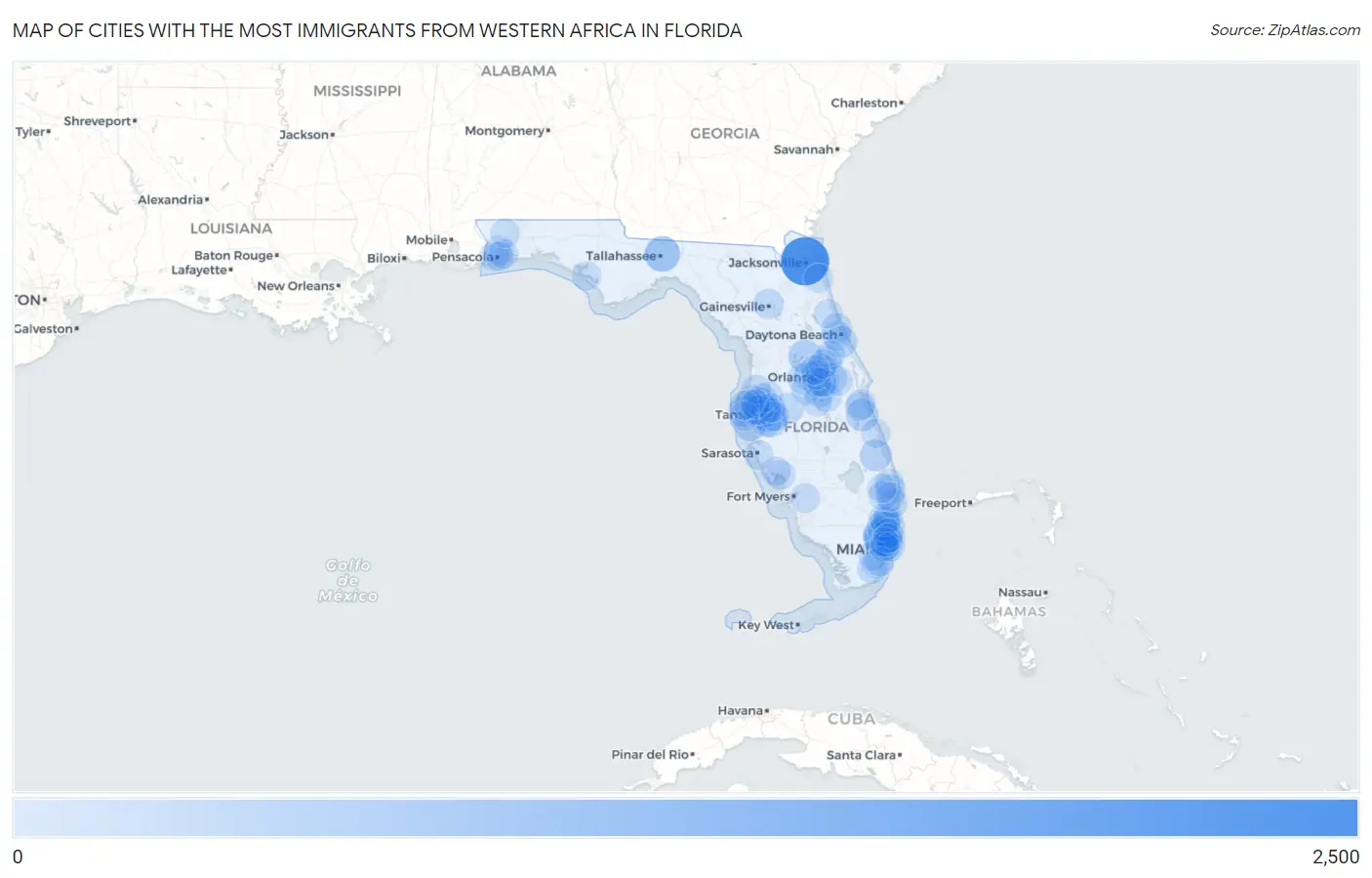 Cities with the Most Immigrants from Western Africa in Florida Map