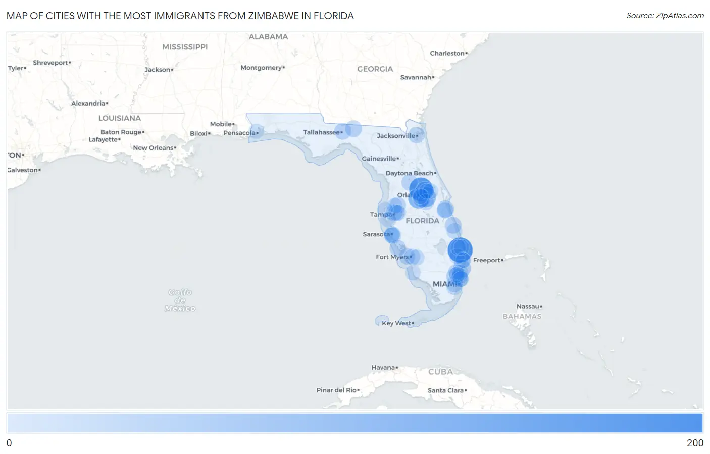 Cities with the Most Immigrants from Zimbabwe in Florida Map