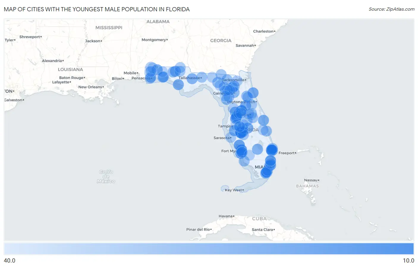 Cities with the Youngest Male Population in Florida Map
