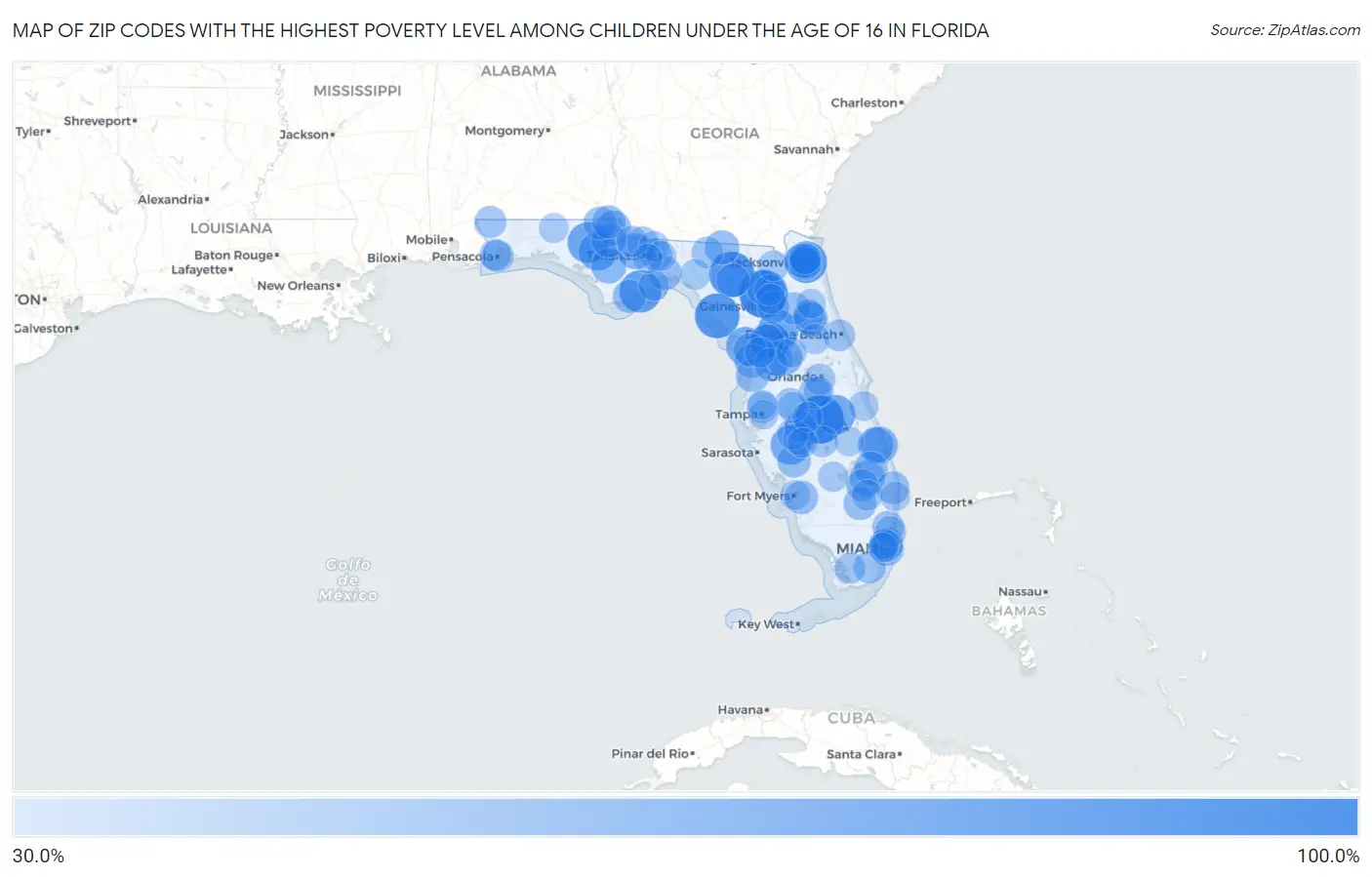 Zip Codes with the Highest Poverty Level Among Children Under the Age of 16 in Florida Map