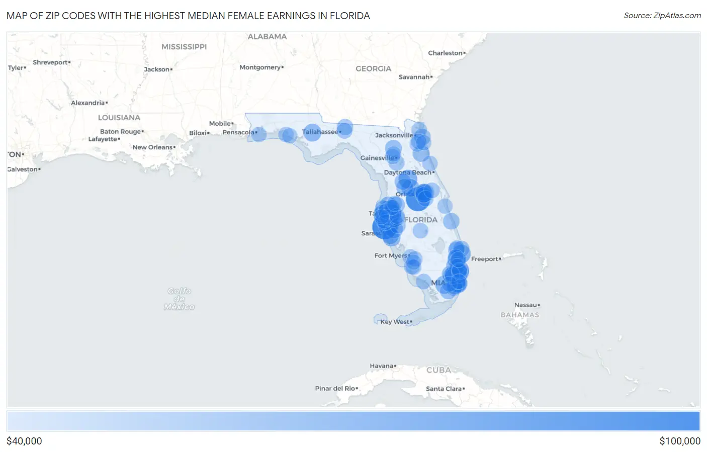 Zip Codes with the Highest Median Female Earnings in Florida Map