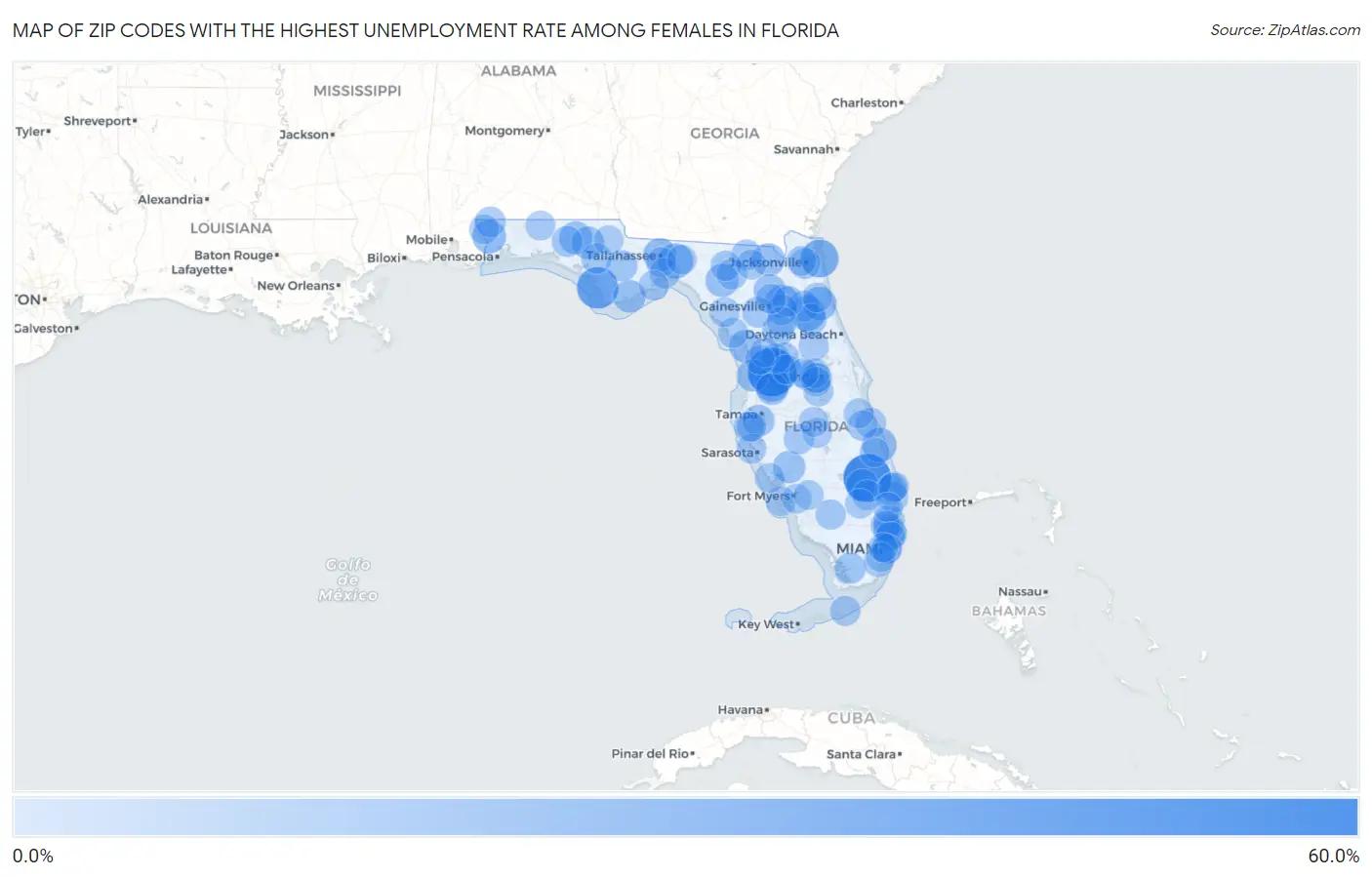 Zip Codes with the Highest Unemployment Rate Among Females in Florida Map