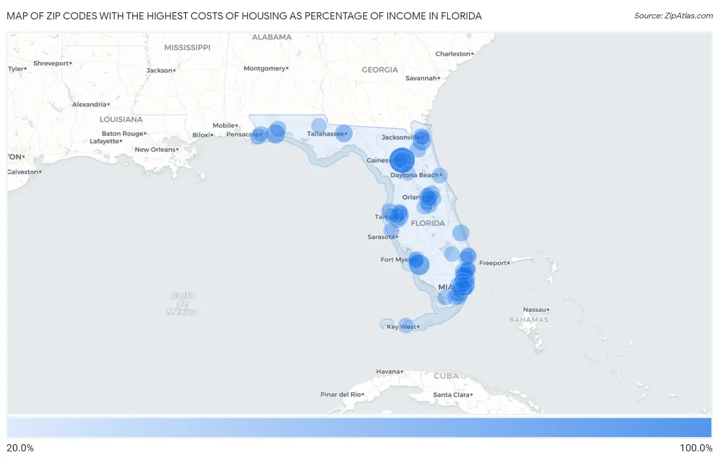Zip Codes with the Highest Costs of Housing as Percentage of Income in Florida Map
