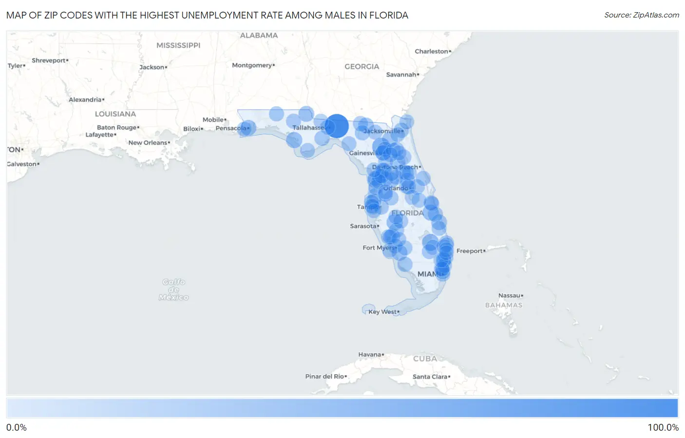 Zip Codes with the Highest Unemployment Rate Among Males in Florida Map