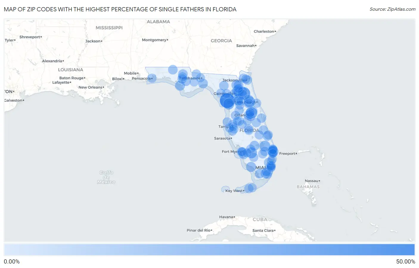 Zip Codes with the Highest Percentage of Single Fathers in Florida Map