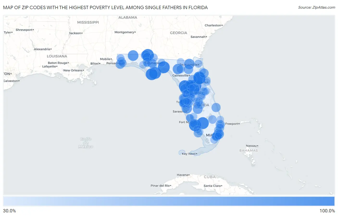 Zip Codes with the Highest Poverty Level Among Single Fathers in Florida Map