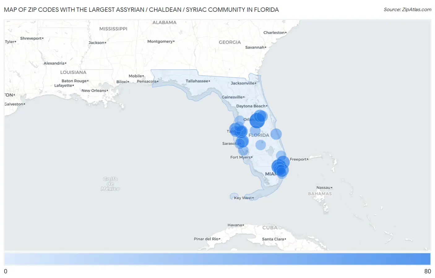 Zip Codes with the Largest Assyrian / Chaldean / Syriac Community in Florida Map