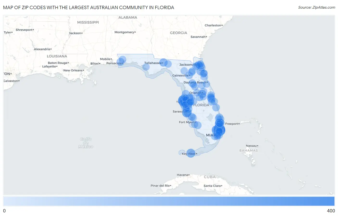 Zip Codes with the Largest Australian Community in Florida Map