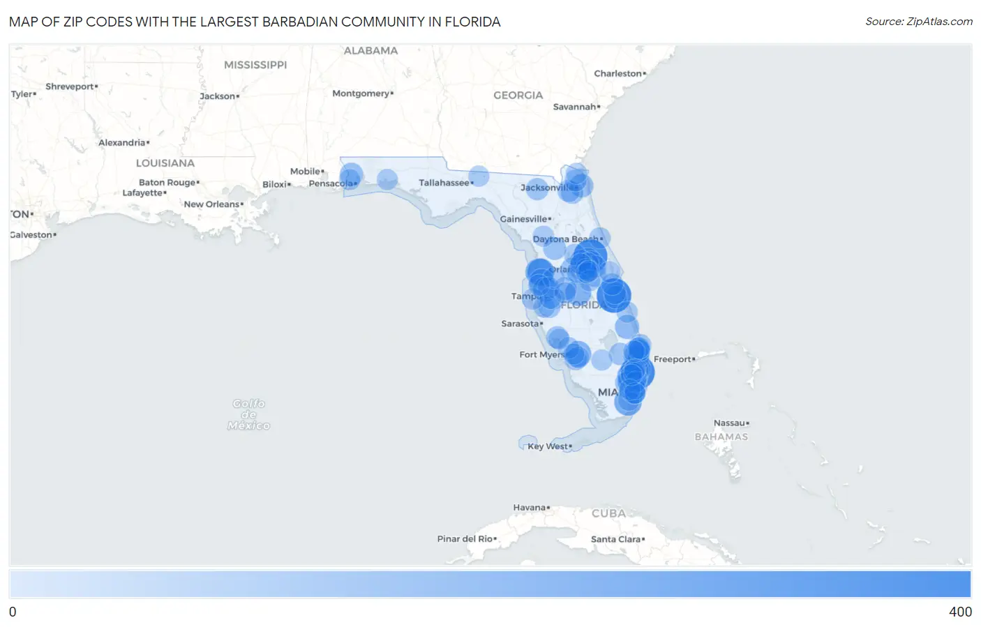Zip Codes with the Largest Barbadian Community in Florida Map
