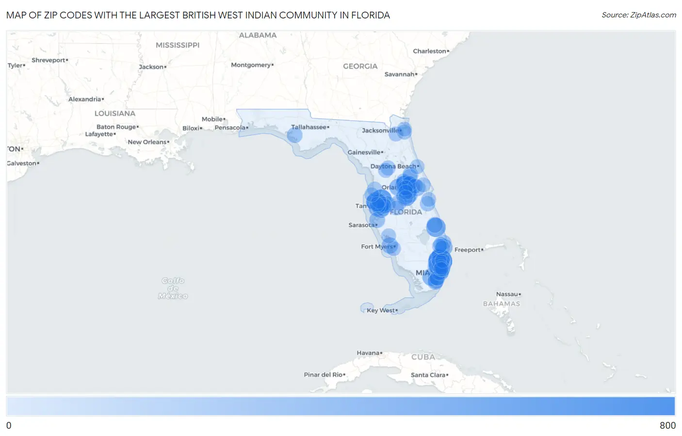 Zip Codes with the Largest British West Indian Community in Florida Map