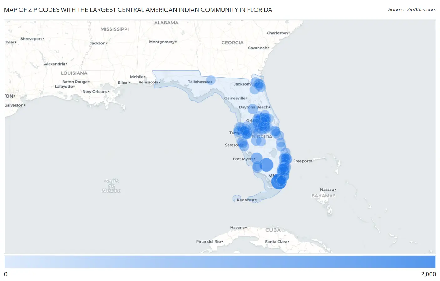 Zip Codes with the Largest Central American Indian Community in Florida Map