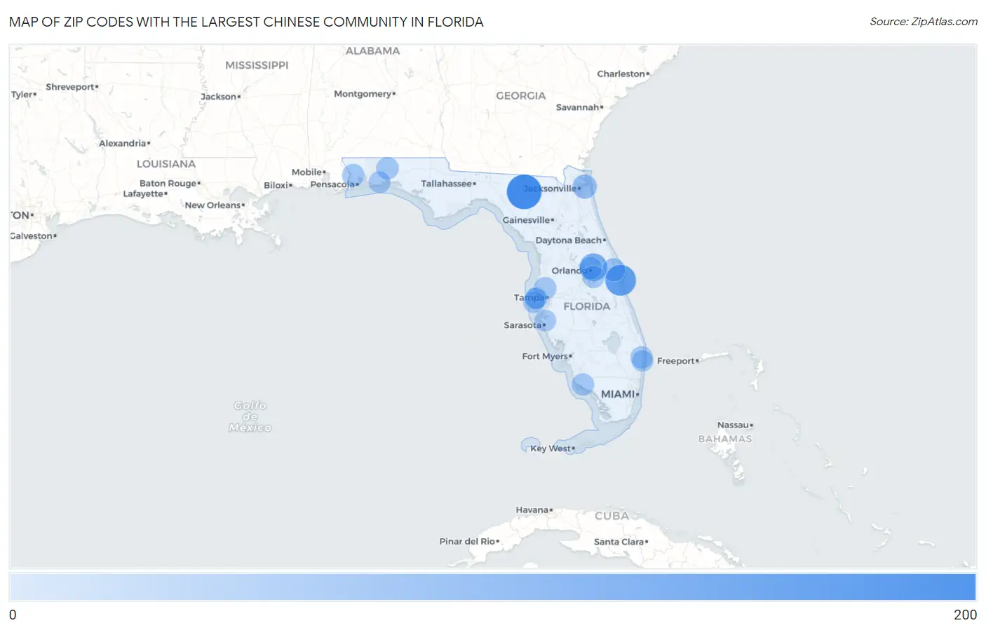 Zip Codes with the Largest Chinese Community in Florida Map