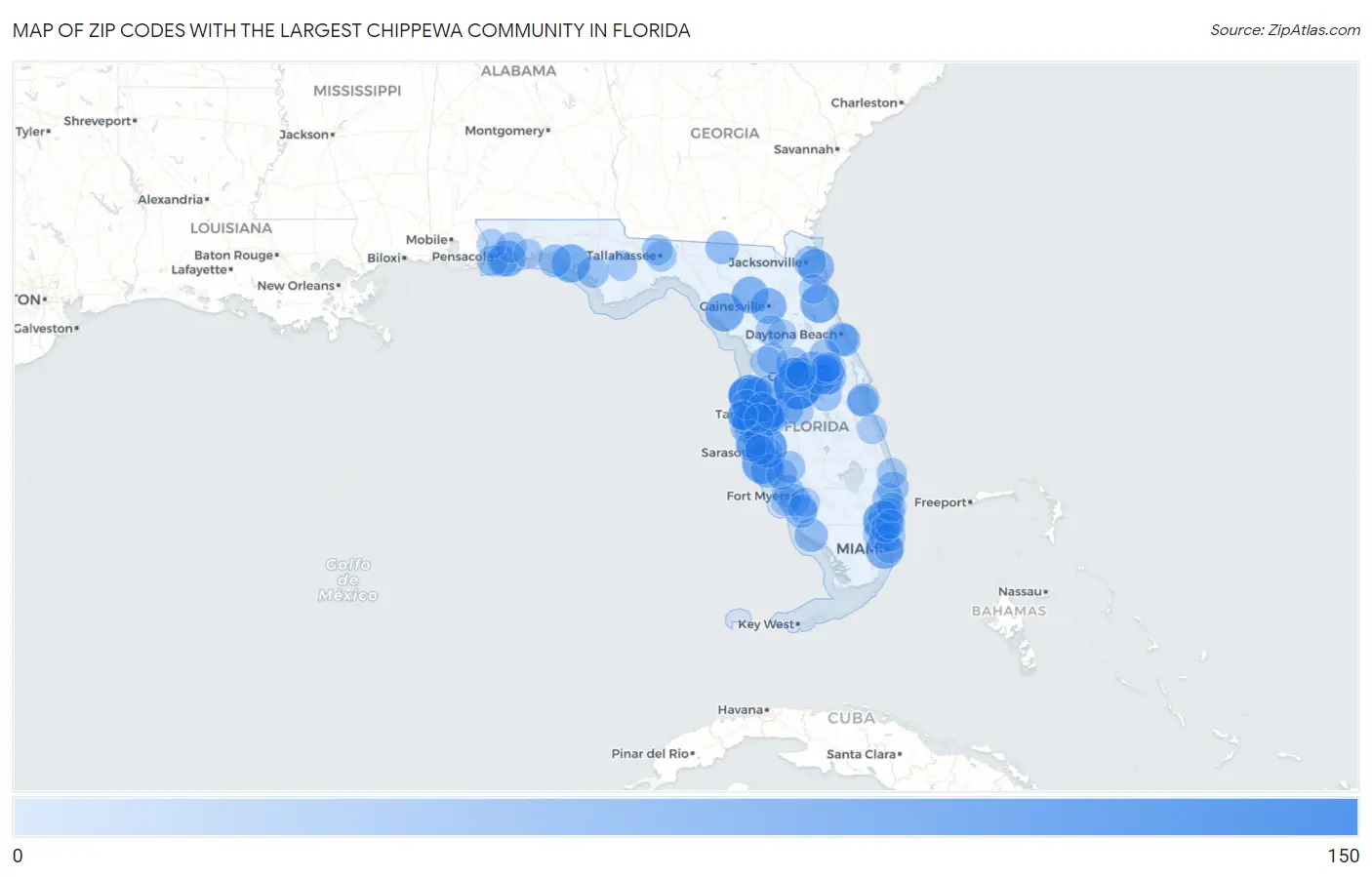 Zip Codes with the Largest Chippewa Community in Florida Map