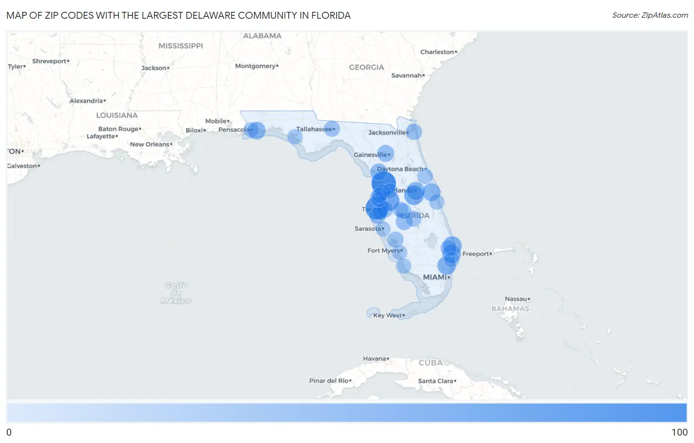 Zip Codes with the Largest Delaware Community in Florida Map
