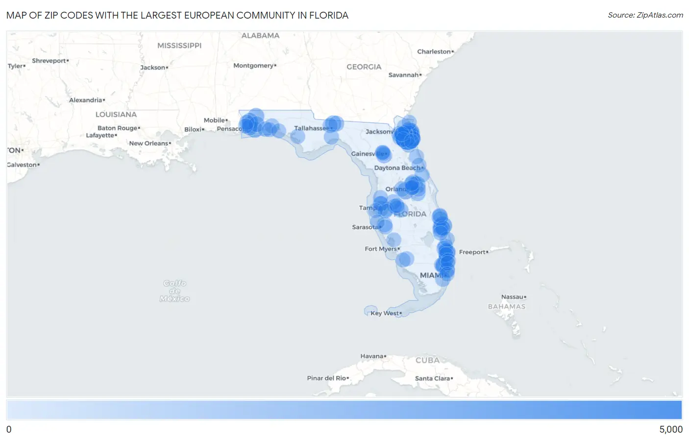 Zip Codes with the Largest European Community in Florida Map