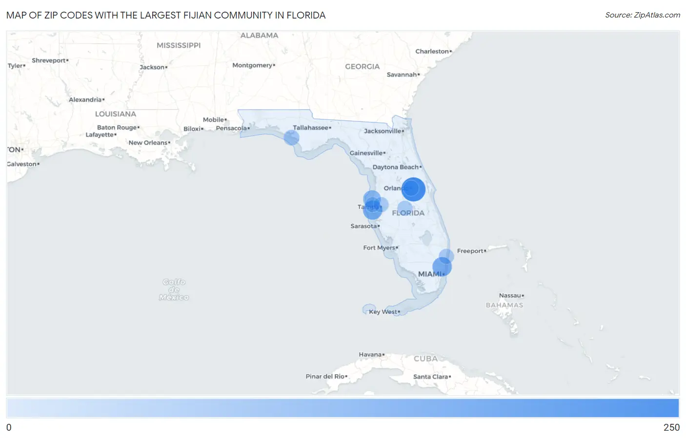 Zip Codes with the Largest Fijian Community in Florida Map