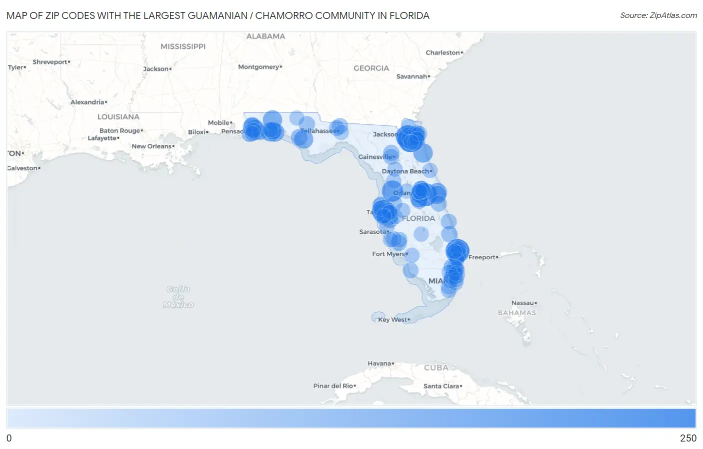 Zip Codes with the Largest Guamanian / Chamorro Community in Florida Map
