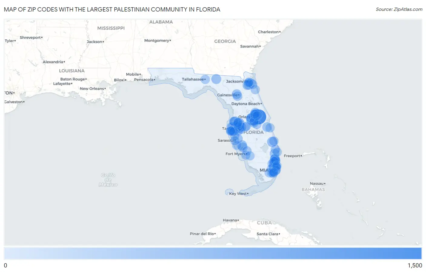 Zip Codes with the Largest Palestinian Community in Florida Map
